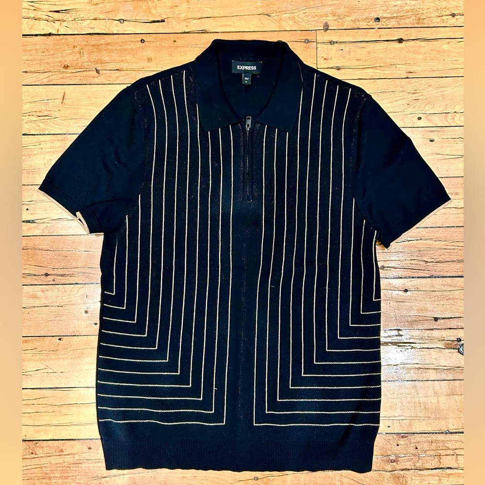 Express Men's Knit Quarter Zip Polo Shirt with Black and Gold Design Size M